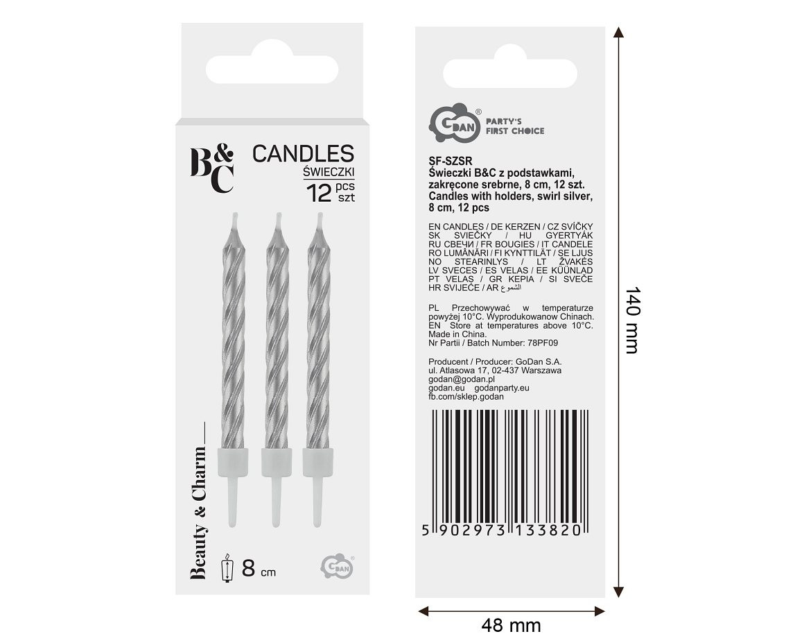 Candles with holders, swirl silver, 8 cm, 12 pcs